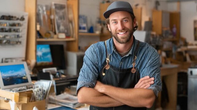 Craftsman's Pride: A smiling craftsman with crossed arms poses confidently in his woodworking studio, surrounded by tools and projects, embodying dedication and skill.