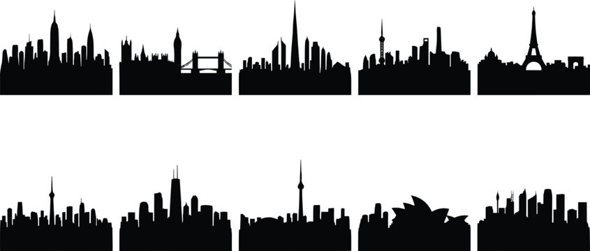 Collection of famous global city skylines and world landmark silhouettes in black vector design
