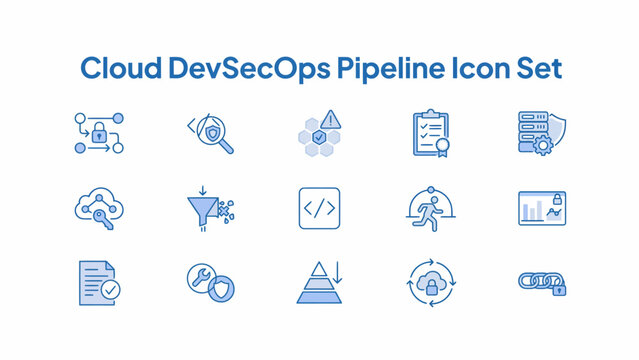 Cloud devsecops pipeline icon set blue line icons on a white background representing software development cloud computing devsecops pipeline set