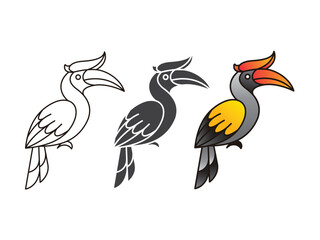 Set of three hornbill bird vector illustrations in outline, silhouette, and colored style isolated on white background © radivnaz print
