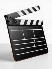 Fototapeta premium Open wooden black and white striped empty movie clapperboard standing against plain light gray background for cinema and film production creative concept