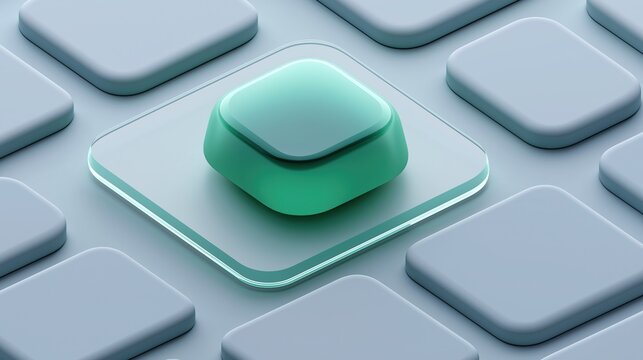 Raised green rounded square button on transparent glass base stands out among light gray blank keyboard keys creating unique selection focus modern tech concept