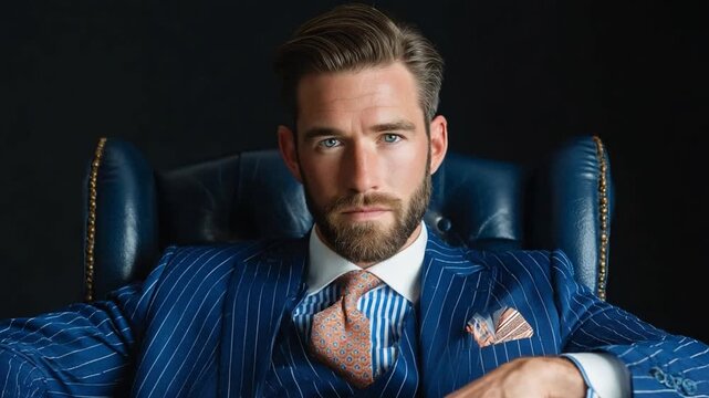 Distinguished Gentleman: A sophisticated man in a sharp pinstripe suit and tie, exuding confidence and charisma, seated in a luxurious leather chair.