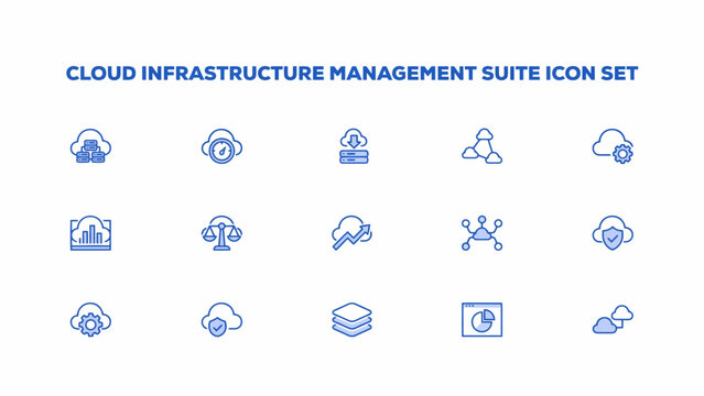 Cloud infrastructure management suite icon set blue line icons on a white background computing services data storage server