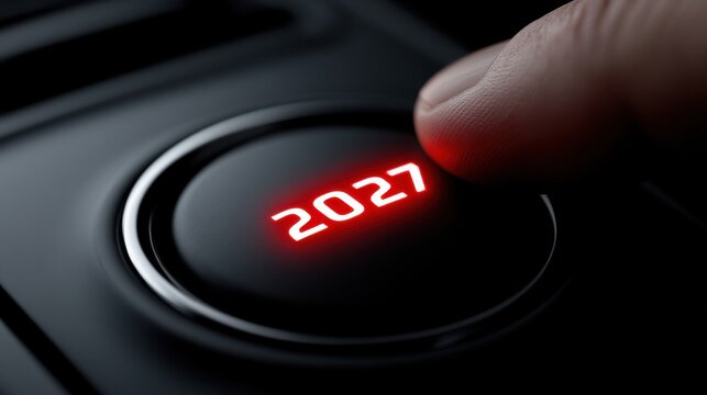 Finger Pushing a Glowing Red 2027 Start Button for New Year Concept