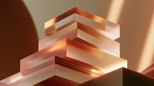 Layered stepped translucent warm amber glass geometric forms with soft directional light beams against muted neutral brown background creates elegant modern abstract 3d art