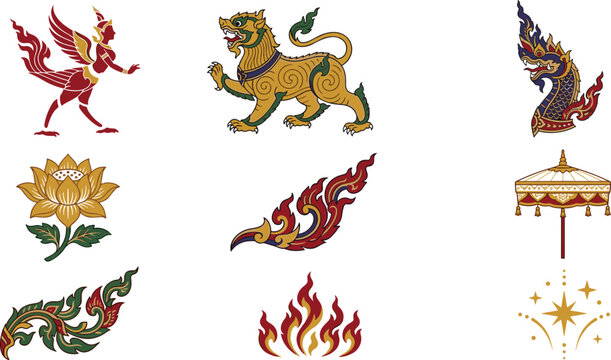 Traditional Southeast Asian Mythology Collection with Garuda, Singha, Naga Ornament, Lotus, Sacred Flame, and Cultural Vector Illustration Set