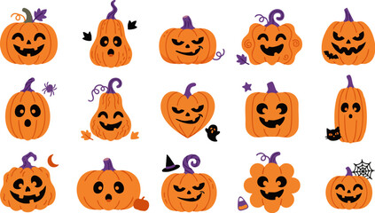 Fototapeta premium Set of cute halloween pumpkin icons with funny faces and spooky decorations