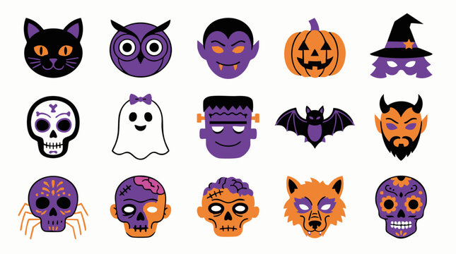 Set of cute halloween monster faces and characters for holiday party designs