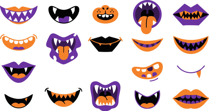 Set of funny cartoon monster mouths and spooky halloween teeth expressions