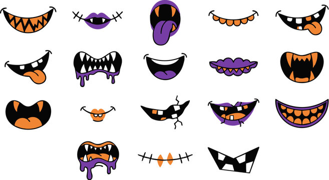 Set of funny cartoon monster mouths and spooky halloween teeth expressions
