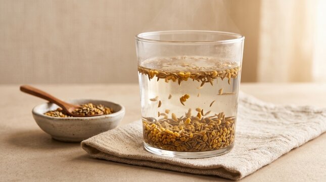 Healthy fenugreek seed water infusion in a clear glass on a rustic linen napkin, served with a ceramic bowl and wooden spoon in warm natural light for organic wellness branding.