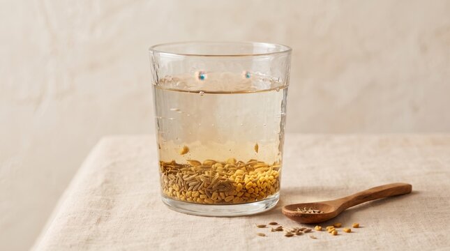 Healthy prebiotic dietary fiber drink with soaked organic seeds in a glass next to a wooden spoon on a textured linen tablecloth, soft warm lighting for natural daily wellness concepts.