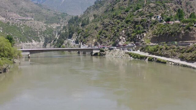 Aerial view of civil engineering infrastructure over Chenab River at Pulldoda, Jammu and Kashmir