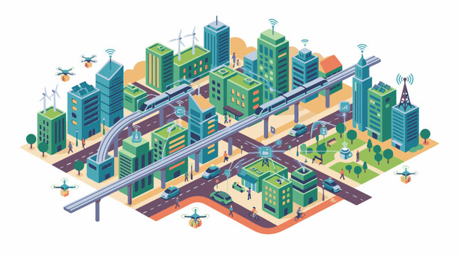 Isometric futuristic city with drones monorails and smart technology