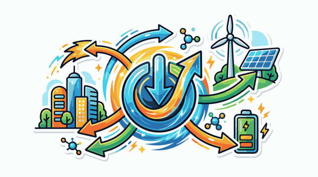 Illustration of sustainable energy cycle from cities to renewables and storage