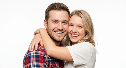 Obraz premium Portrait of young couple smiling on white background