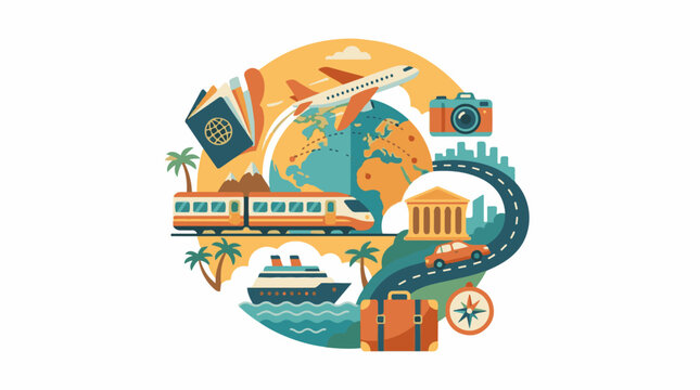 Illustration of travel elements around a globe including a plane train car and ship