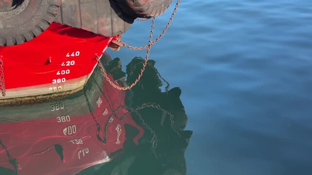 Red bow of a ship with load line numbers or draft marks and a rusty anchor chain, perfectly reflecting in calm blue sea water