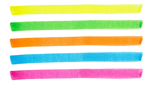 Neon highlighter pen strokes set, colorful marker ink lines for highlighting text, vibrant office stationery drawing elements isolated on Transparent Background