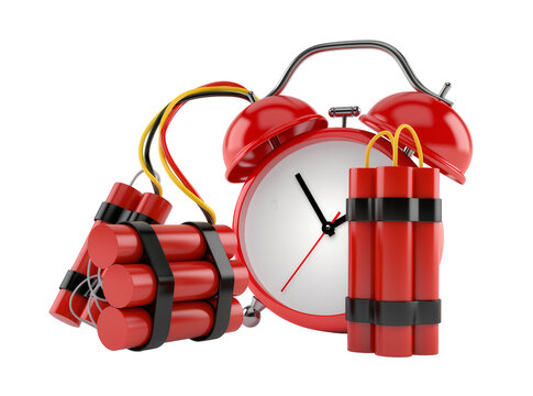 Isolated red alarm clock ticking down with bundles of dangerous dynamite on display
