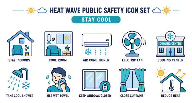 Professional heat wave public safety icon set focused on staying cool during extreme hot weather. Neatly grouped with a clean, clear, and consistent dual tone vector style for maximum readability.  
