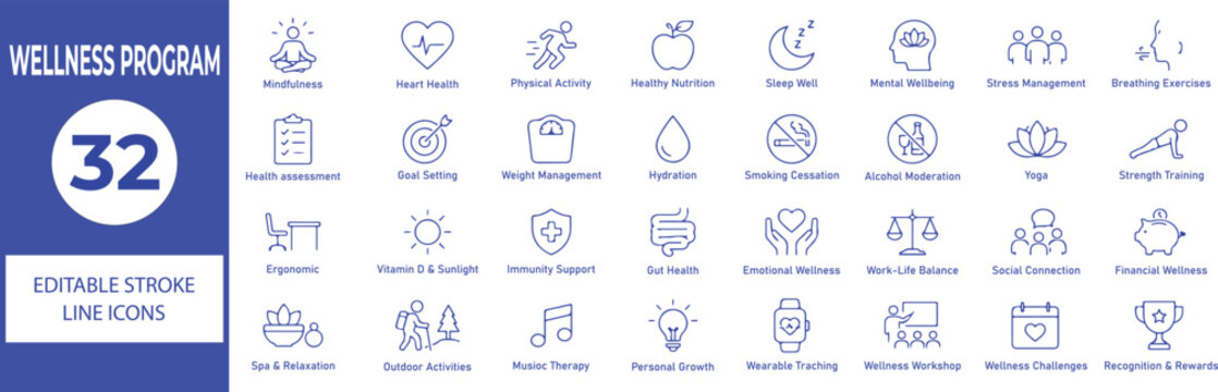 Wellness Program Vector Outline Icons Set &ndash; Employee Wellbeing, Mental Health, Fitness, Mindfulness and Corporate Wellness Line Symbols Collection