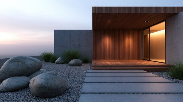 Modern minimalist house exterior with wooden cladding, concrete walls, and a rock garden at twilight