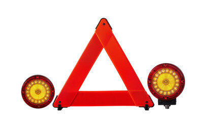 Isolated emergency reflective warning triangle and two bright LED vehicle trailer lights kit © Andrei
