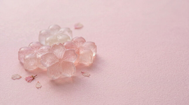 Translucent cherry blossom-shaped Kohakutou candy on pink Washi paper 桜をモチーフにした透明感のある琥珀糖と和紙の背景