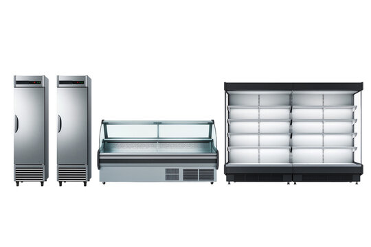Isolated commercial refrigeration equipment set for grocery store and supermarket display units