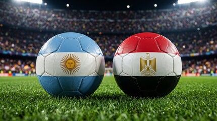 Obraz premium Argentina vs Egypt Soccer Match Concept – Two Footballs with National Flags on Green Stadium Grass Pitch Before a Game