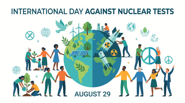 Diverse global people promote peace and renewable energy for Internati