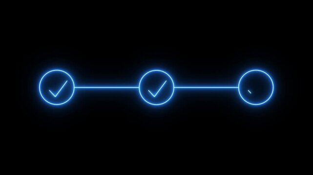 neon 3 step infographic process with check mark icon. infographic step by step process icon animation on black background, step process success with check marks. Step-by-Step Guide neon animation.