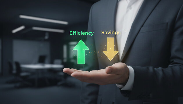 A businessperson displays symbols of efficiency and savings, representing growth and financial success in a professional environment