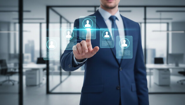 A man in a blue suit interacts with a digital interface displaying user profiles, symbolizing selection, data management, and business operations