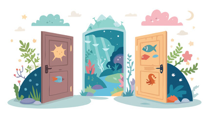 Creative fantasy portal doors with underwater and nature themes in vibrant vector style © Ubaid