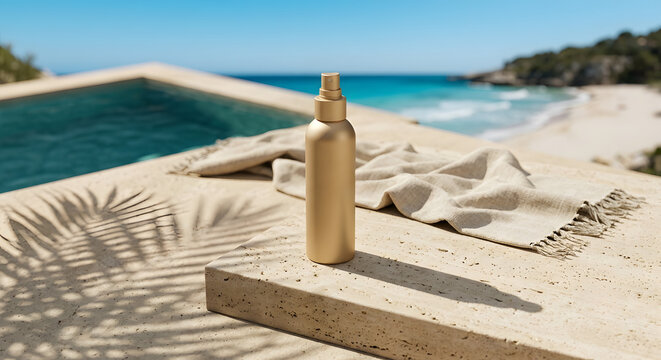 Gold sunscreen spray bottle on stone podium by luxury pool overlooking tropical beach
