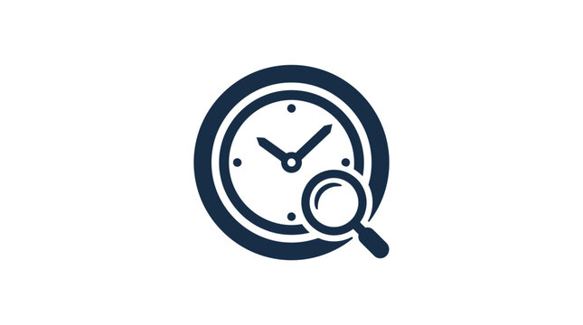 Clock with magnifying glass icon.