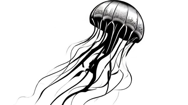 Ink illustration of a jellyfish floating on white background