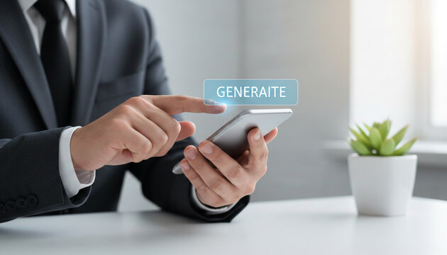 Man in suit using smartphone with "GENERAITE" button, representing digital creation and innovation in business.