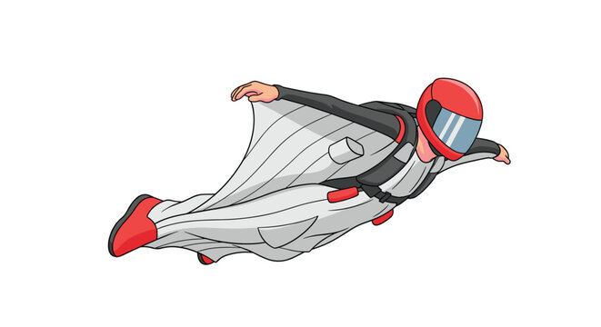 Daring wingsuit flyer wearing a white suit and red helmet glides gracefully through the sky during a high-altitude jump.