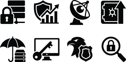 Fototapeta premium Set of black business security icons representing data protection, digital safety, surveillance, and corporate intelligence monitoring, image_04976e.png