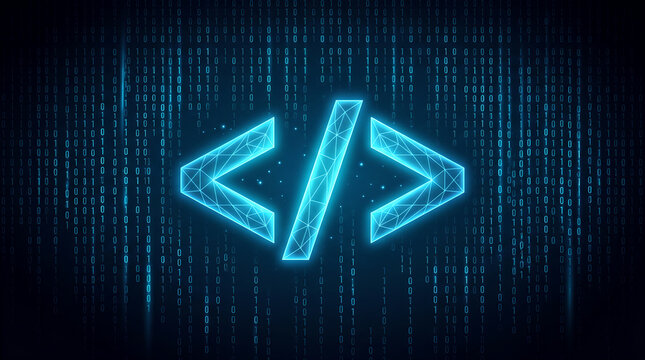 Glowing neon code symbol representing software development and computer programming technology.