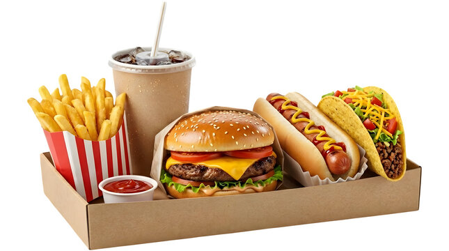 Fast food combo meal burger fries hot dog taco and soda