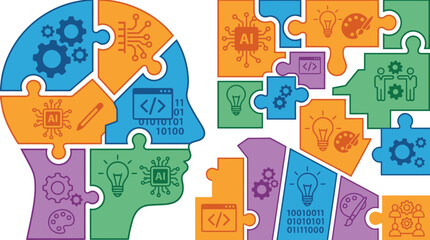 Fototapeta premium AI Brain Puzzle: Artificial Intelligence, Creativity, and Innovation Concept