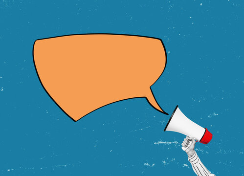hand holding a megaphone with a speech bubble, isolated free flat desigm background.
