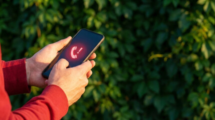 Naklejka premium Hand holding a smartphone displaying a glowing red telephone icon with an exclamation mark, signifying an urgent call or notification against a green leafy background