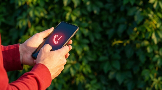 Hand holding a smartphone displaying a glowing red telephone icon with an exclamation mark, signifying an urgent call or notification against a green leafy background