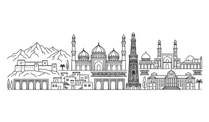 Obraz premium ​Afghanistan city skyline vector illustration, black and white outline landscape with famous landmarks.